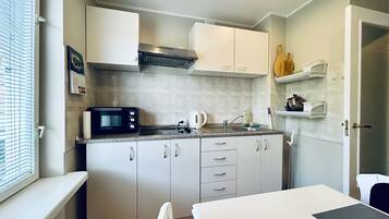 Fridge, oven, stovetop, electric kettle