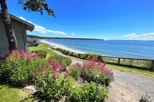 A coastal property with a paved walkway leading to a beach, surrounded by lush greenery and pink flowers.