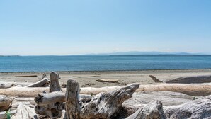 A beach with driftwood and a clear view of the sea and distant mountains. - Smugglers Lagoon Beach Cottage by Avantstay (Greenbank)