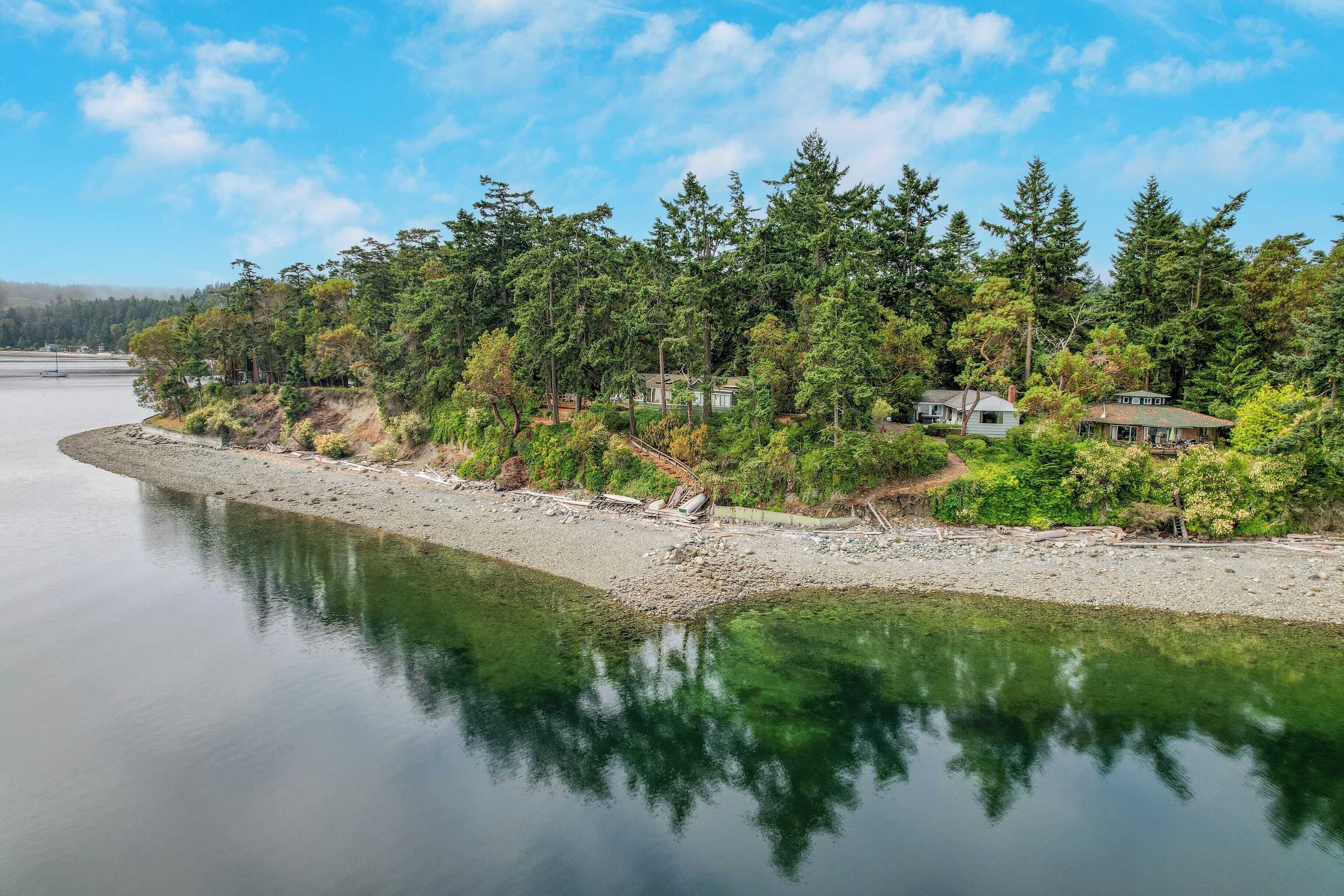 A lakeside property with multiple houses surrounded by dense forest.
