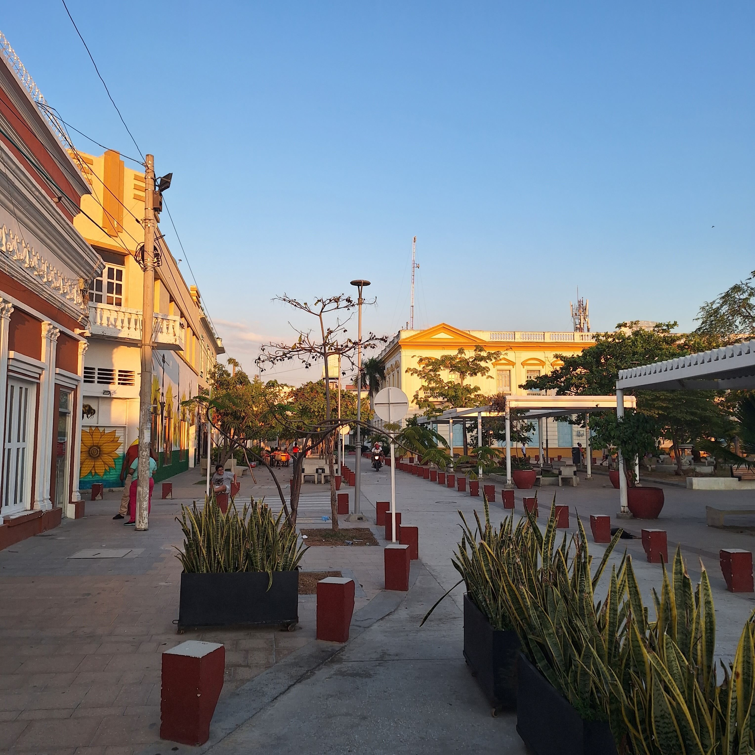 A public square with buildings, potted plants, and a clear sky.