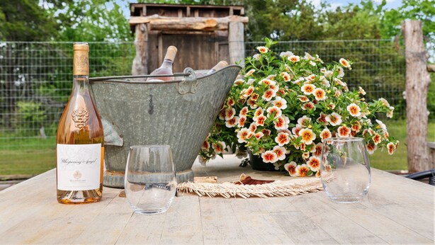 Een fles wijn, een metalen emmer en een bloemenvaas op een houten tafel.