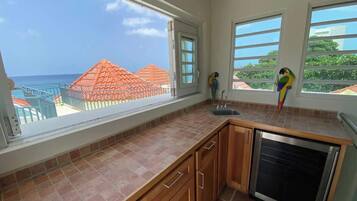 Cocina con vista al océano, un refrigerador pequeño y armarios de madera.