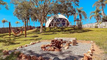 A geodesic dome structure surrounded by trees and a hammock.