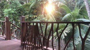 A wooden deck with a metal railing, surrounded by lush tropical vegetation. - Amazing Jungle Retreat Close to San Ignacio (Bullet Tree Falls)