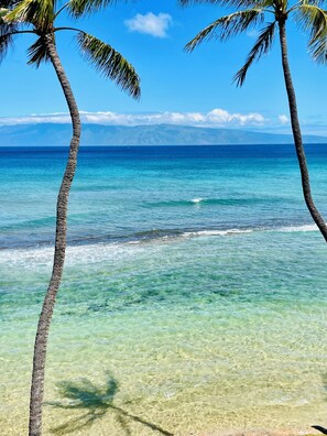 A beach with clear turquoise water, palm trees, and distant mountains.