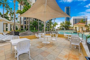 A rooftop pool area with lounge chairs, tables, and umbrellas.