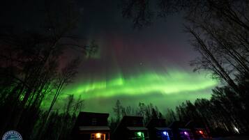 A row of cabins with a view of the Northern Lights.