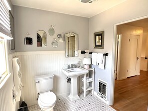 Chuveiro, secador de cabelo, toalhas de banho, sabonete