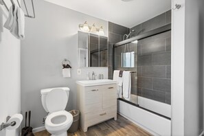 Hair dryer, towels, soap, shampoo
