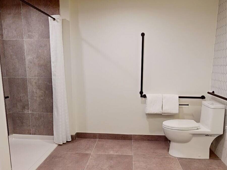 A bathroom with a shower, toilet, and towel rack.