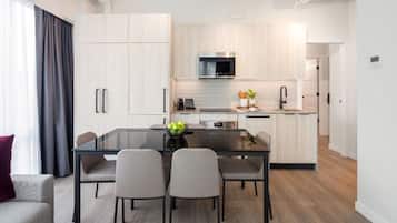 Microwave, stovetop, coffee/tea maker, electric kettle