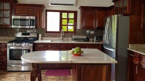 Une cuisine dotée de meubles en bois, d’appareils électroménagers en acier inoxydable, d’un plan de travail en granit et d’une fenêtre donnant sur un paysage verdoyant.
