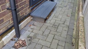 Un étroit sentier en briques menant à une entrée avec une porte en verre.