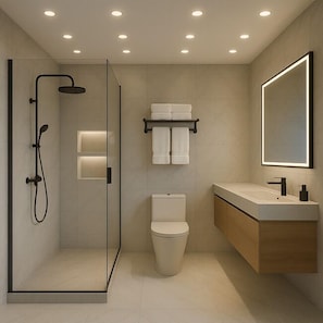 Douche à « effet pluie », articles de toilette gratuits, sèche-cheveux