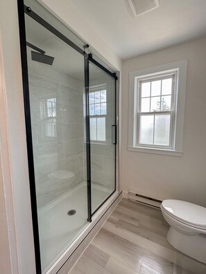 Shower, hair dryer, towels, toilet paper