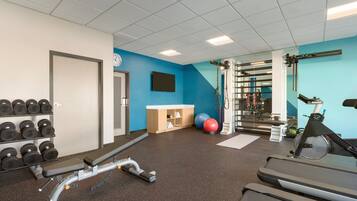 A gym with treadmills, dumbbells, a bench press, and exercise balls.