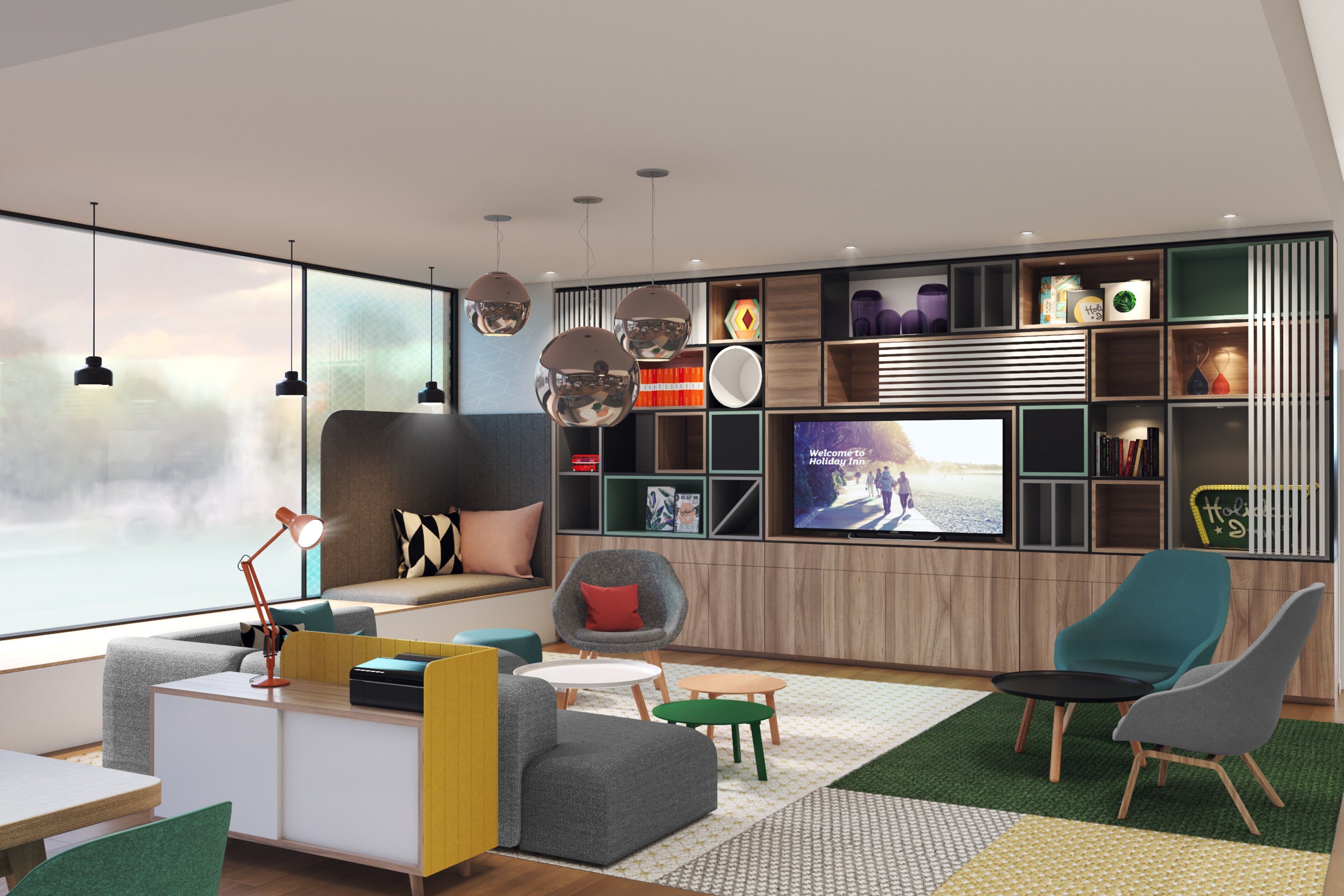 A modern living room with a sofa, chairs, a TV, and a bookshelf.