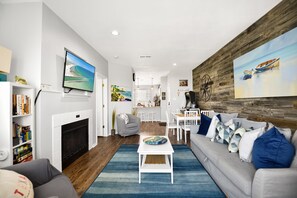 Smart TV, fireplace, video games, DVD player