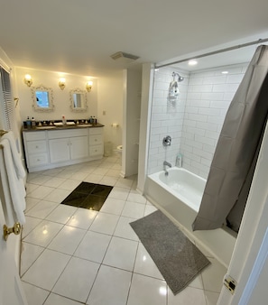 Hair dryer, towels, soap, shampoo