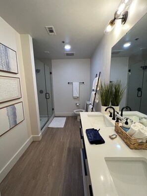 Regadera, secadora de cabello, toallas, jabón