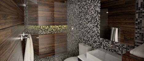 A modern bathroom with a shower, toilet, and sink.