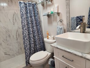 Hair dryer, towels, soap, shampoo