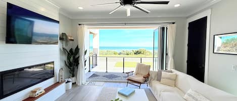 Smart TV, fireplace, books, stereo