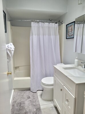 Hair dryer, towels, soap, shampoo