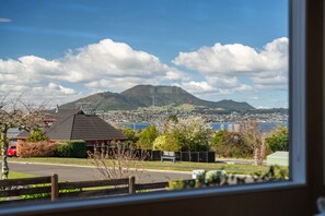 A residential area with a view of a mountain and a lake. - Kinder Cottage (Taupo)