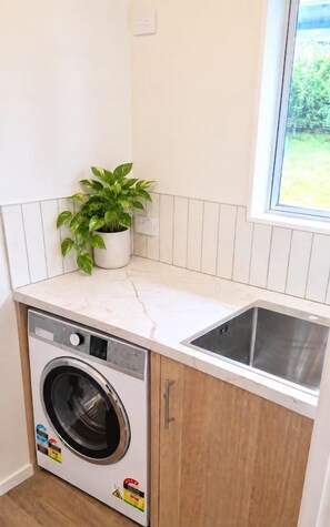 A compact laundry area with a washing machine, a sink, and a potted plant. - Kinder Cottage (Taupo)