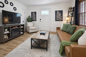 Smart TV, chimenea y libros 