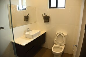 A bathroom with a white sink, dark cabinets, a toilet, and a mirror.