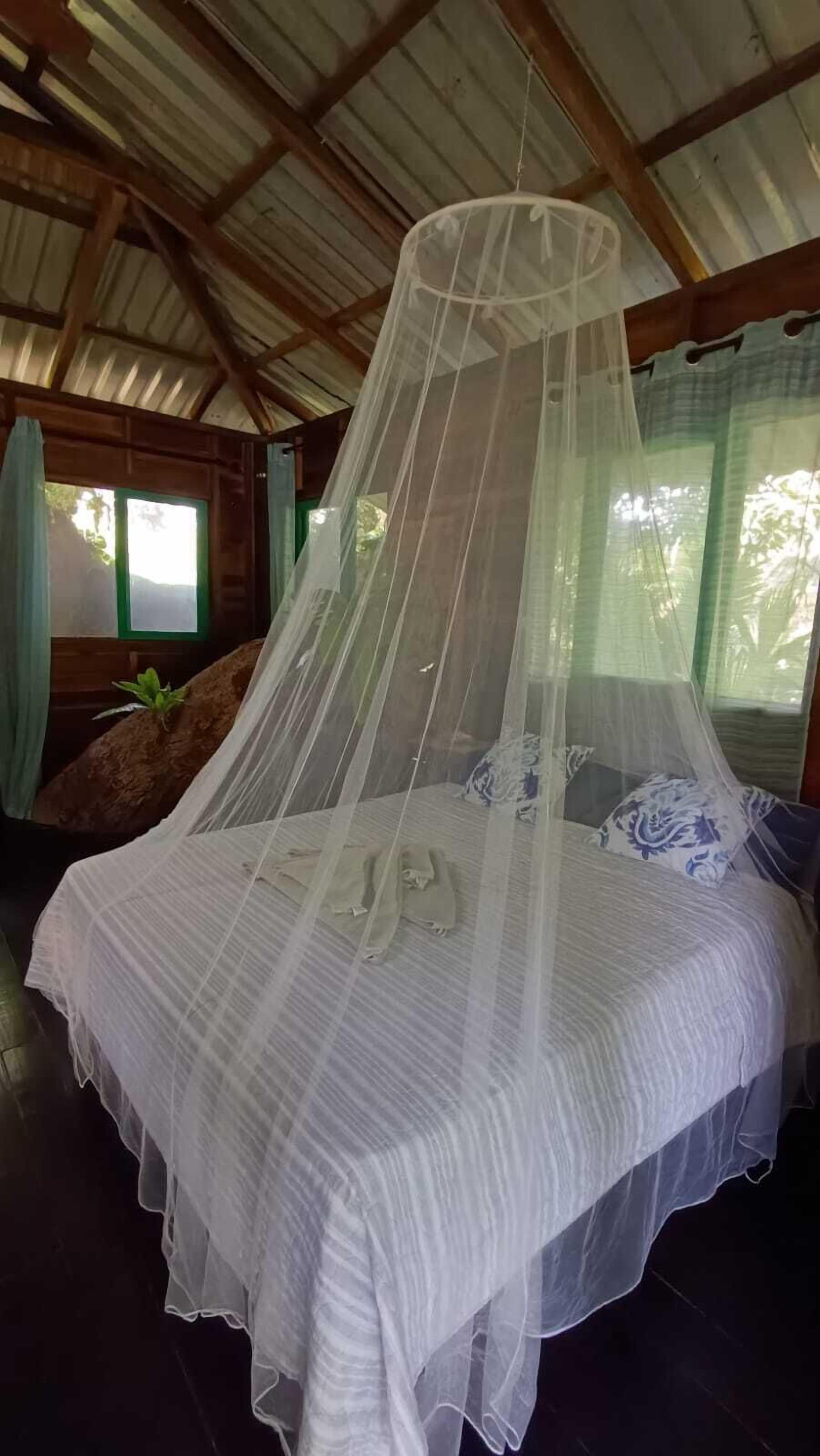 A bed with a canopy in a room with wooden walls and a metal roof.