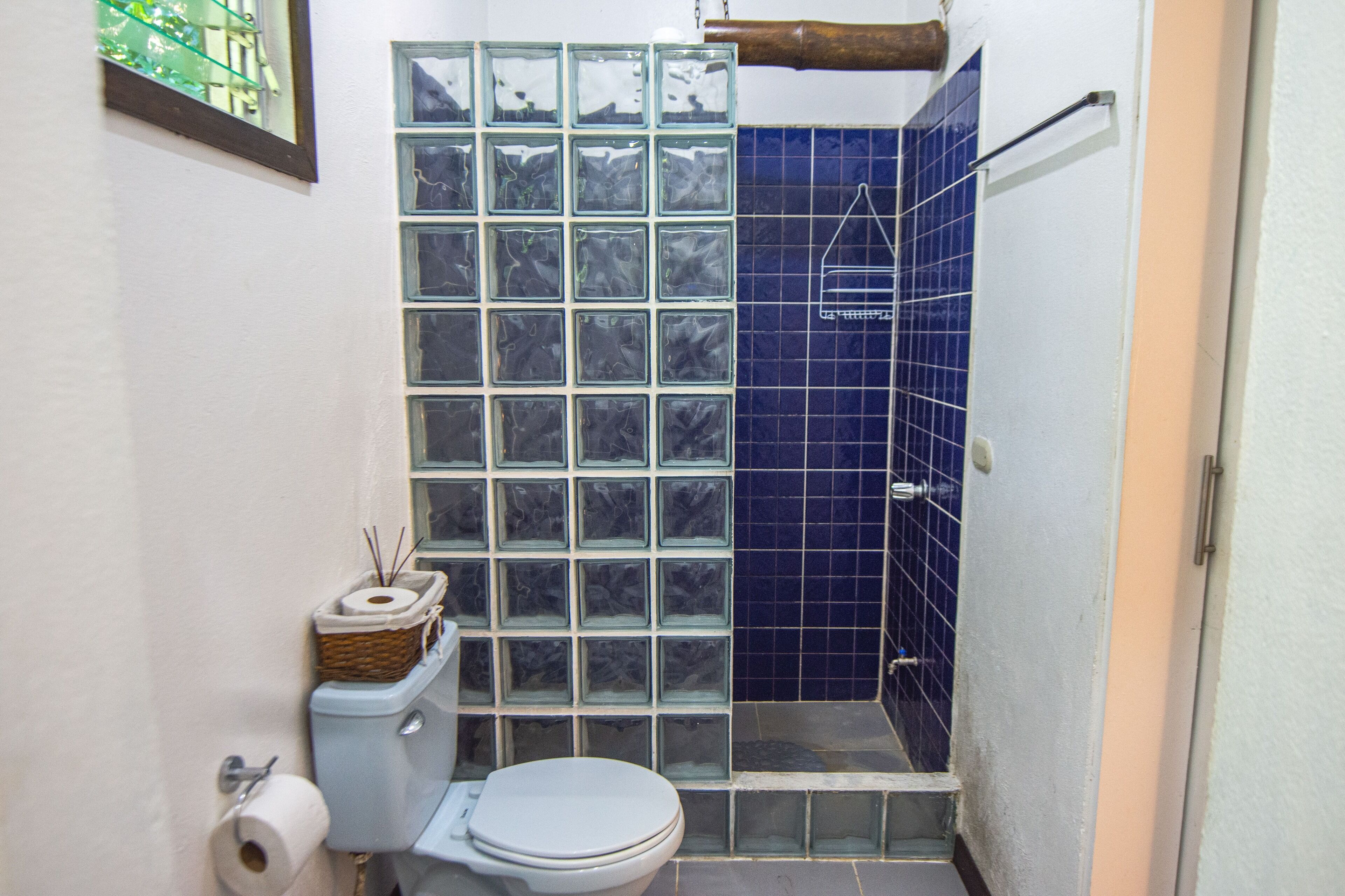 A bathroom with a toilet, a glass shower enclosure, and a blue tiled wall.