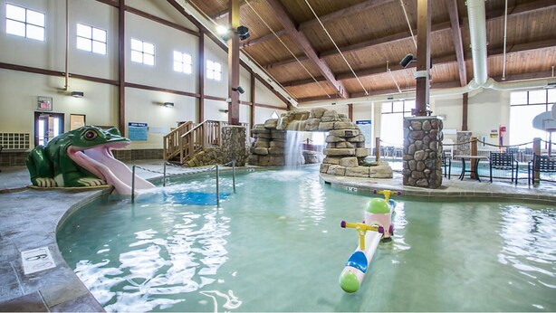 Une piscine intérieure avec un toboggan, une statue de grenouille et un espace de jeux aquatiques.