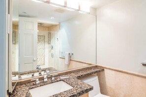 Shower, hair dryer, shampoo