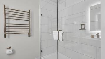 Shower, hair dryer, towels, shampoo