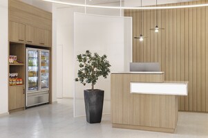 Un área de recepción moderna con un mostrador de madera, una planta en maceta, un refrigerador con bebidas y una pared de paneles de madera.