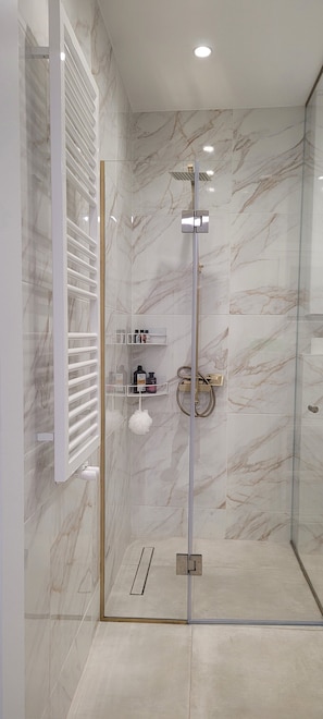 Dusche, Haartrockner, Handtücher, Seife