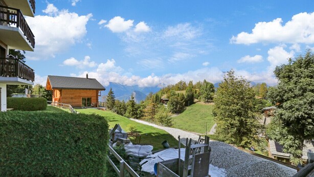 A wooden cabin with a sloped roof, surrounded by a well-maintained lawn and trees. - Joli Appartement Proche du Centre (Nendaz)