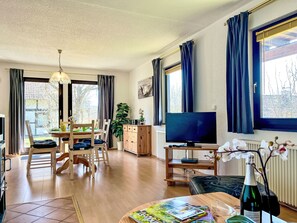 TV, fireplace, table football