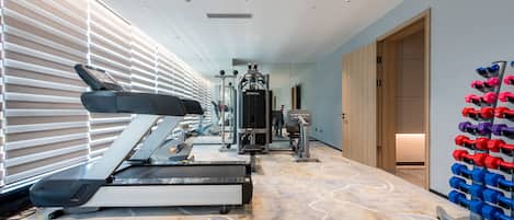 Une salle de sport moderne équipée de tapis de course, d’appareils de musculation et d’un porte-haltères fixé au mur.