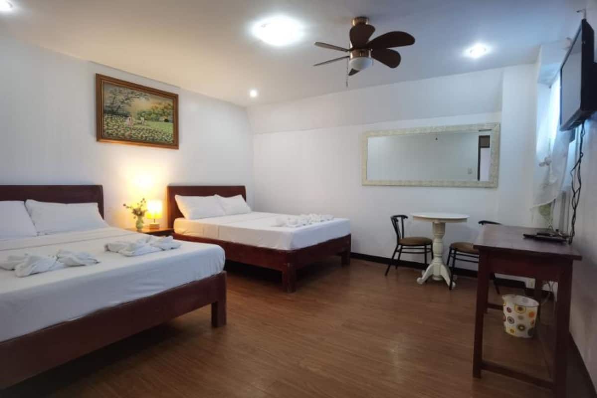 Une chambre d’hôtel avec deux lits, un ventilateur de plafond, une petite table, une chaise, un miroir et un téléviseur.