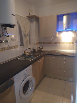 A compact kitchen with a washing machine, a sink, and a kettle.
