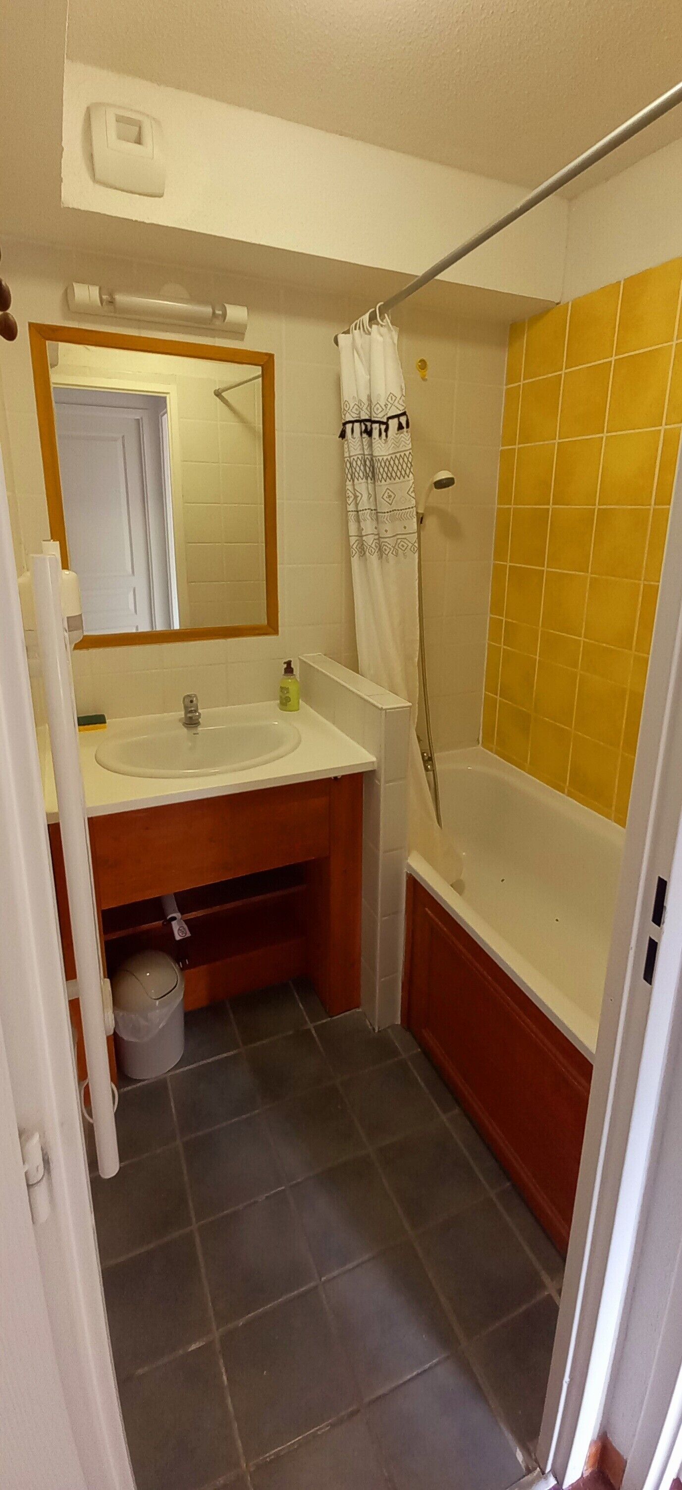 A bathroom with a sink, mirror, shower, and a door leading to another room.