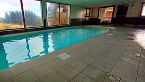 Ein Hallenbad mit klaren Fenstern, gefliestem Boden und Blick auf Bäume.