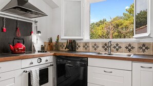 A kitchen with a stove, oven, dishwasher, and a window with a view of trees. - Villa "Norgreen 4" with Private Pool, Private Terraces and Wi-Fi (Grimaud)