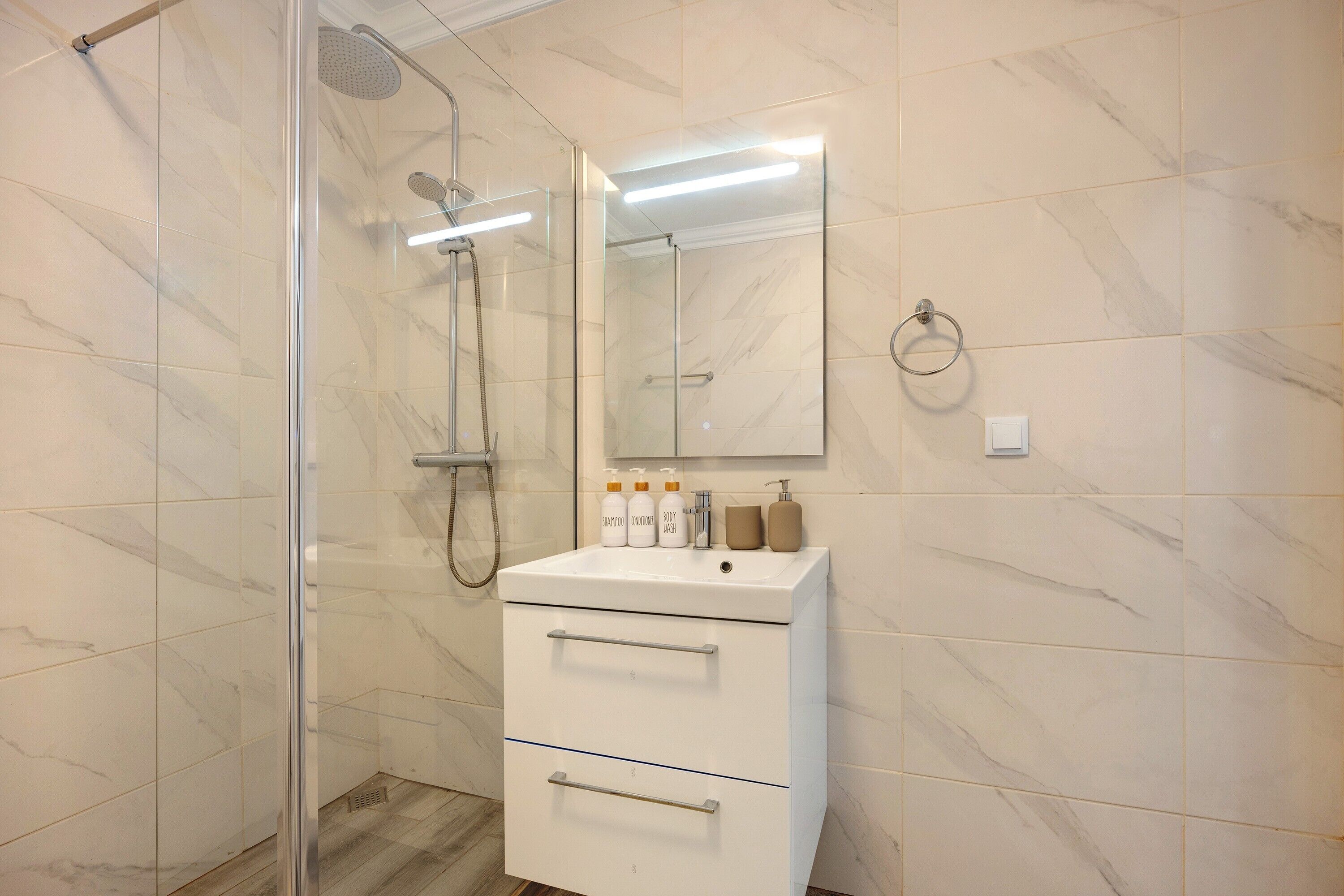 Shower, hair dryer, towels