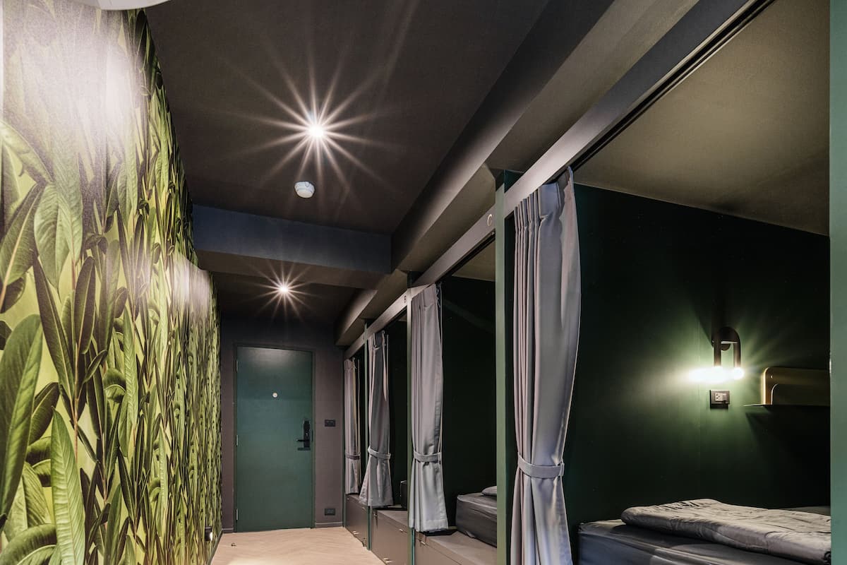 A modern hotel room with a bed, a mirror, and a wall with a plant mural.